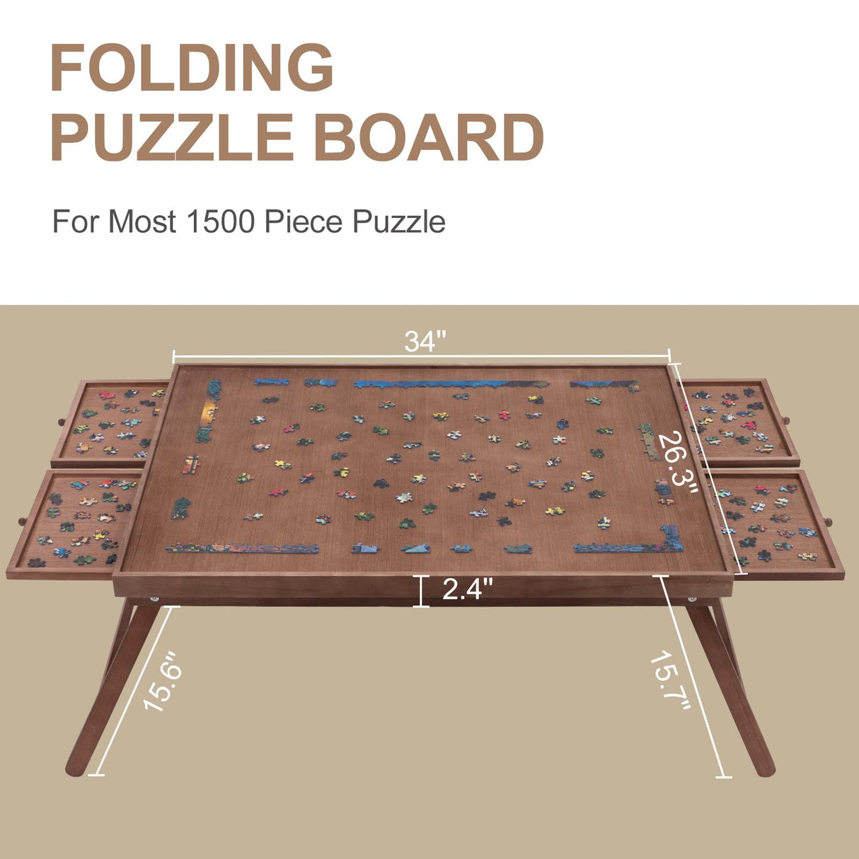 TEAKMAMA 1500 Piece Wooden Jigsaw Puzzle Board with 4 Drawers, Folding Puzzle Table with Protective Cover, Puzzle Board with Legs, Multifunctional Puzzle Board for Adults, 34W x 26.3D, Chocolate Brown TEAKMAMA