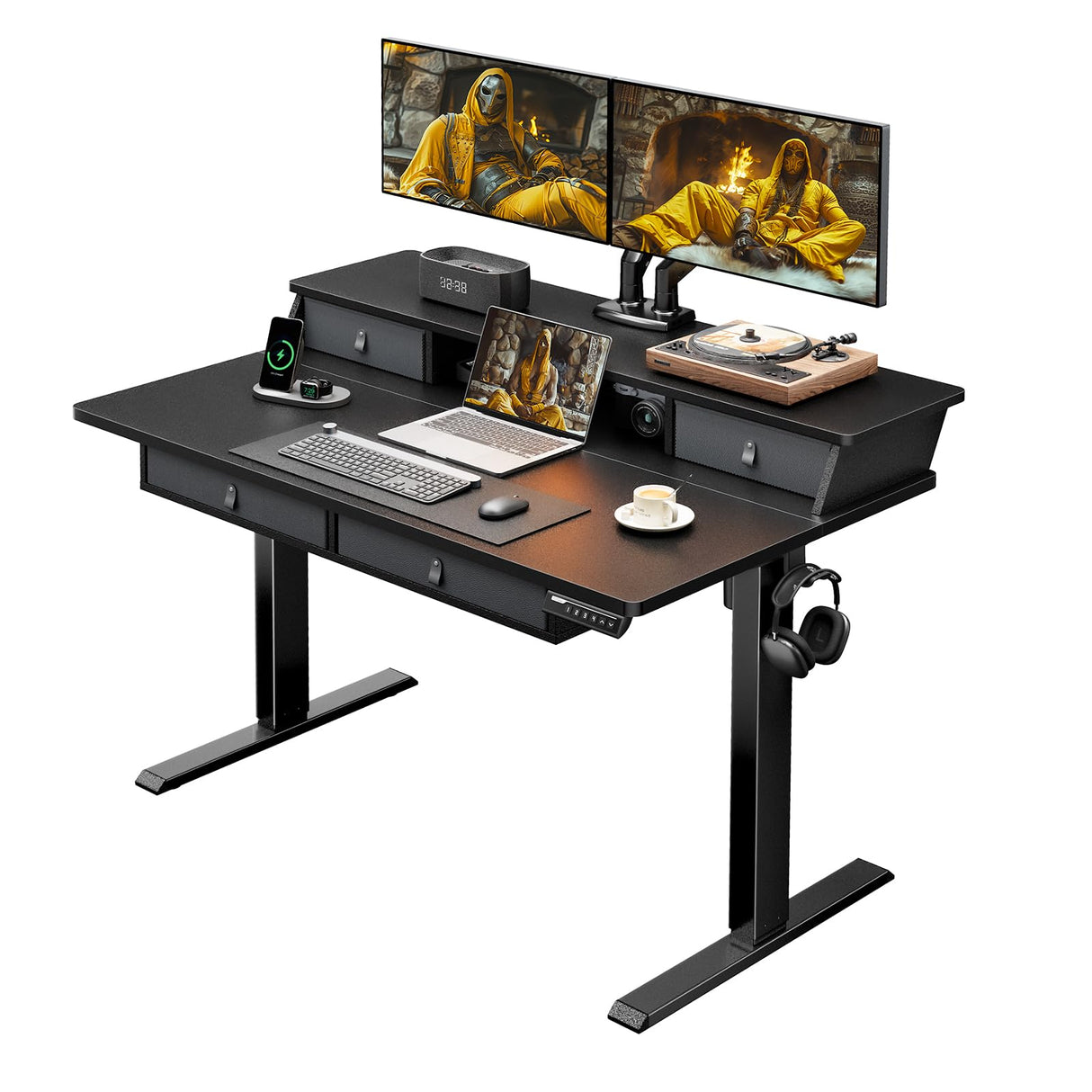 ErGear Electric Standing Desk with Drawers, 48" x 30" Height Adjustable Desk with Storage, 4 Memory Preset Computer Home Office Desk with Cable Management Tray, Black ErGear