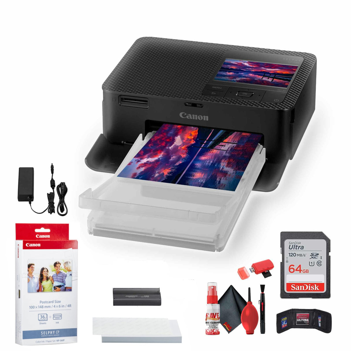 Canon SELPHY CP1500 Compact Photo Printer (Black) (5539C001) KP-36IP Color Ink and Paper Set + 64GB Ultra Memory Card + Cleaning Kit + Memory Card Wallet + Card Reader Canon