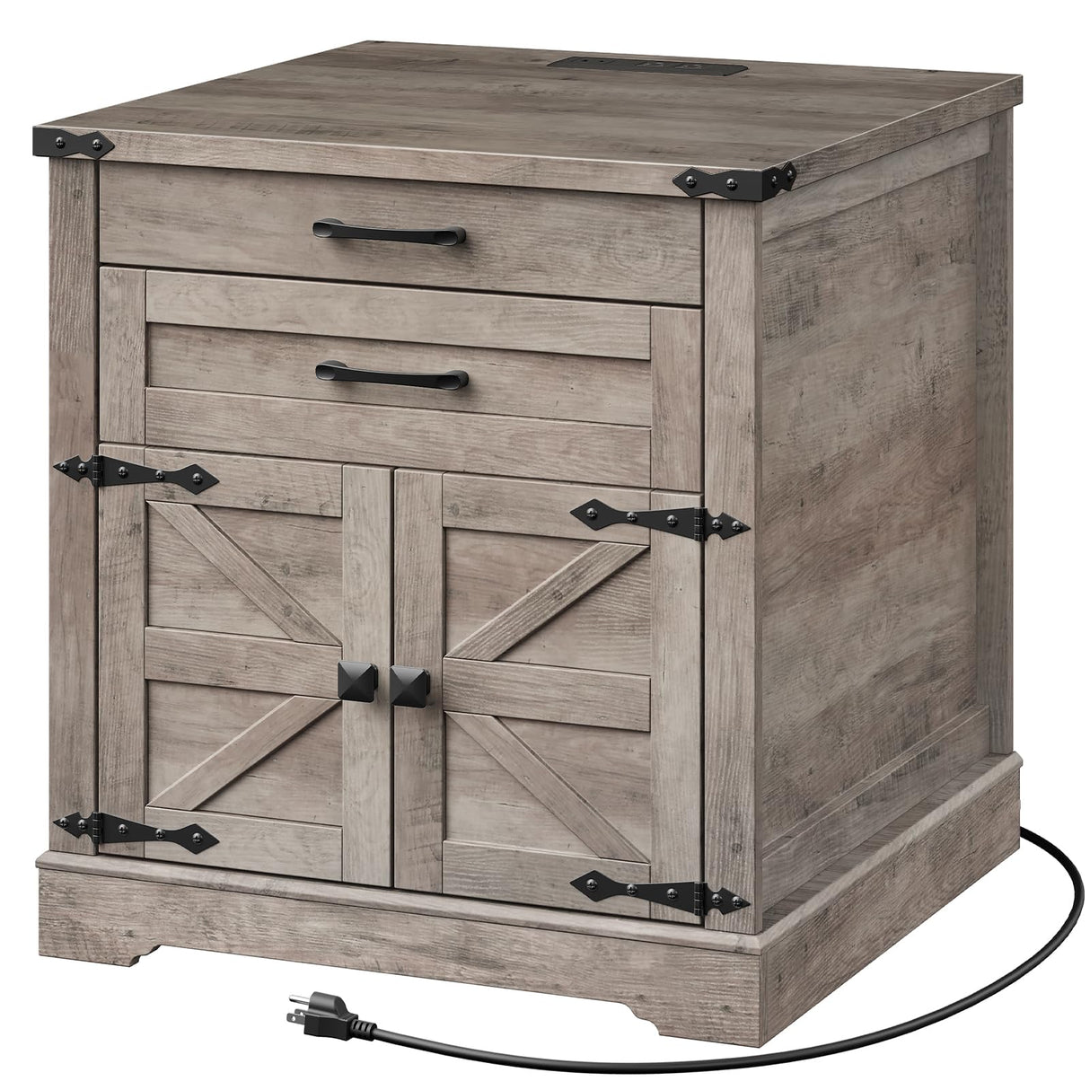 RALGEND Farmhouse End Table with Charging Station, 24'' Sofa Side Table with 2 Drawers and Barn Door, Large Rustic Wooden Square Nightstand for Bedroom, Living Room, Greige RALGEND