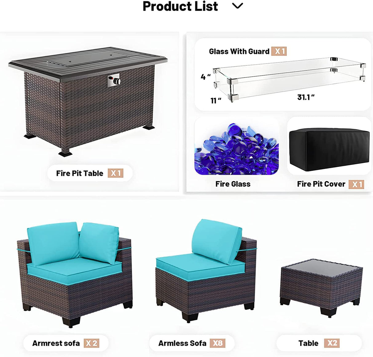 Kullavik 15 Pieces Outdoor Patio Furniture Set with 43" Gas Propane Fire Pit Table PE Wicker Rattan Sectional Sofa Patio Conversation Sets,Blue Cushions Kullavik