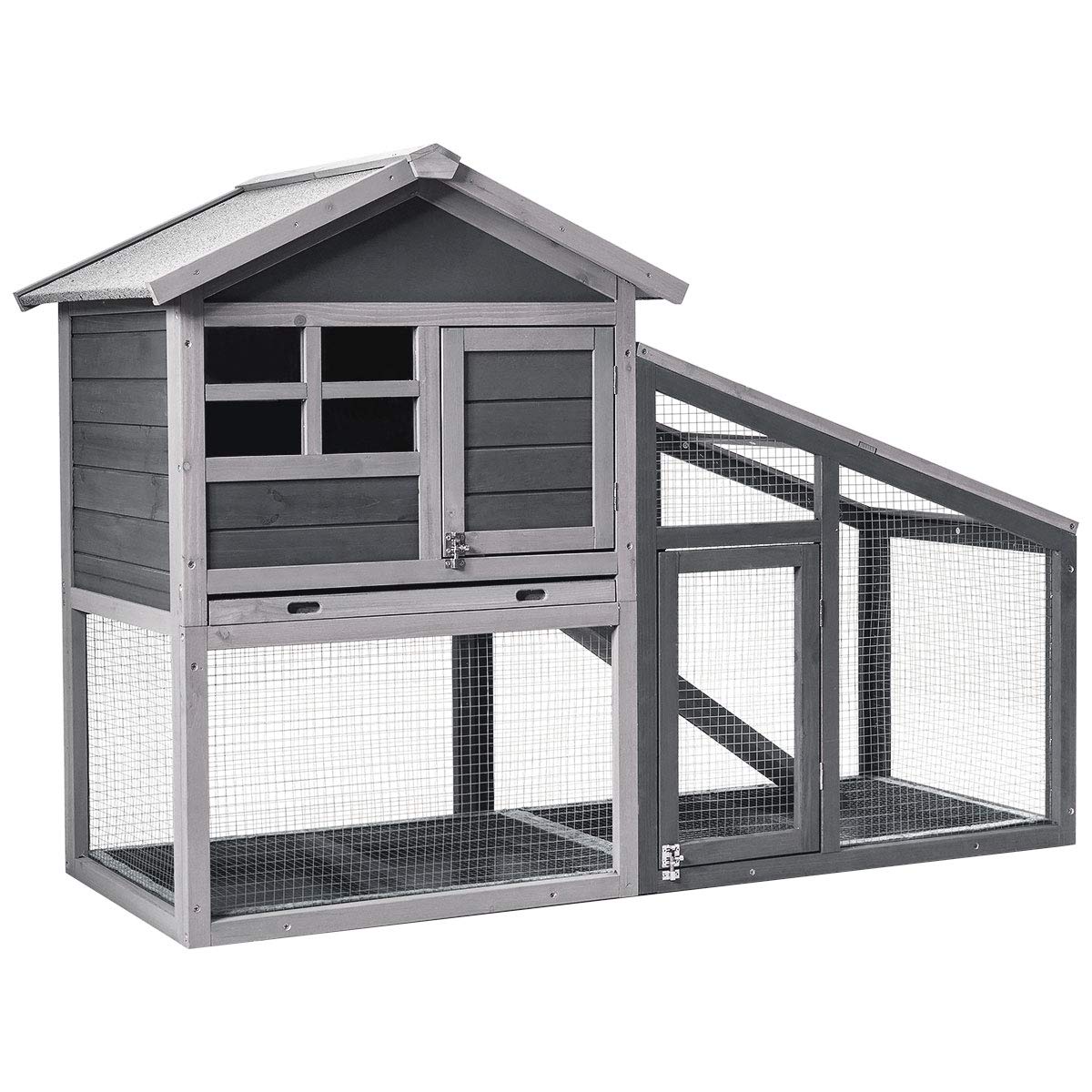 Tangkula Rabbit Hutch Indoor Outdoor, Wooden Chicken Coop, Bunny Hutch with Run, Ventilation Door, Removable Tray, Ramp, Sunlight Panel, Backyard Garden Animals Pet Cage (Gray) Tangkula