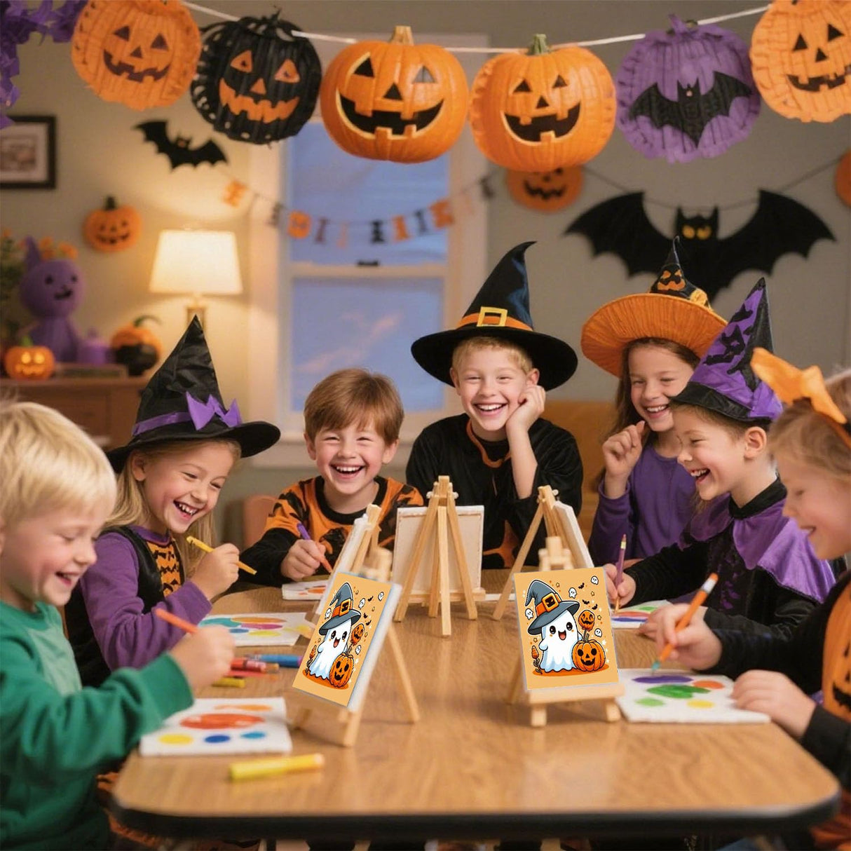 cviokrdu Halloween Paint by Numbers Kit for Kids with Frame - Wooden Easel, Ghosts Paint by Numbers for Kids Ages 4 8 12, Easy Acrylic Oil Painting Kits for Home Wall Decoration 8x8 inch cviokrdu