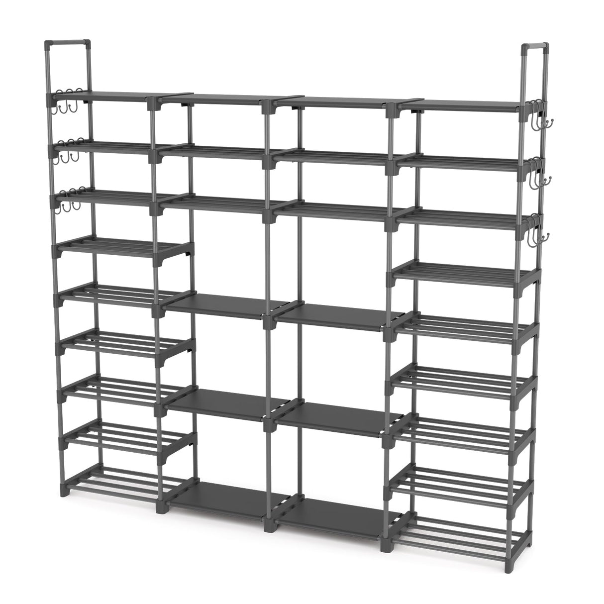 ROJASOP Large Shoe Rack Organizer for Entryway Closet 64-68 Pairs 9-Tier Heavy Duty Tall Garage Shoe Rack Shoe Shelf Shoes Storage with 18 Pcs Removable Side Hooks for Bedroom and Garage Grey ROJASOP