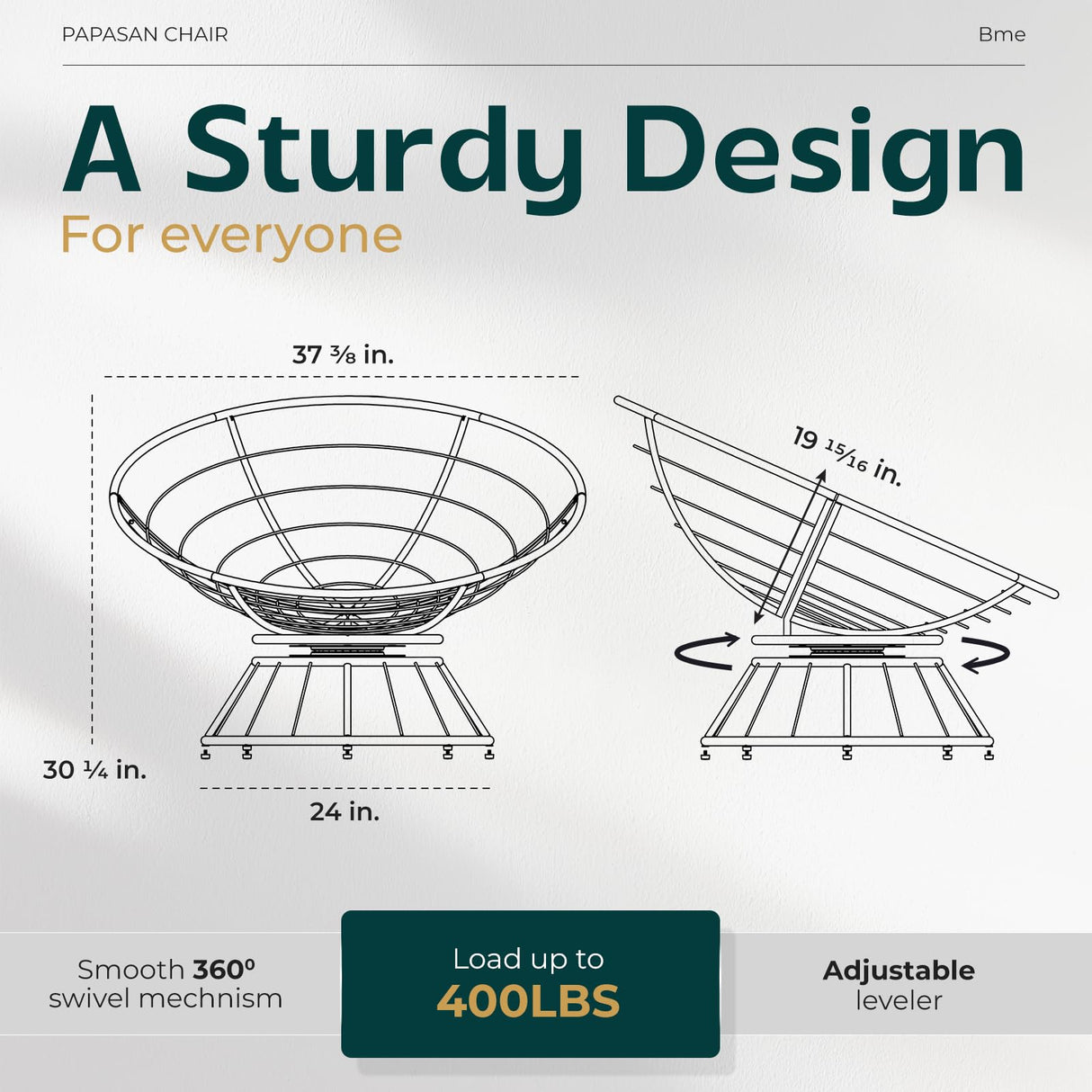 Bme 40" Ergonomic Wicker Papasan Chair with Soft Thick Density Fabric Cushion, High Capacity Steel Frame, 360 Degree Swivel for Living, Bedroom, Reading Room, Lounge Bme