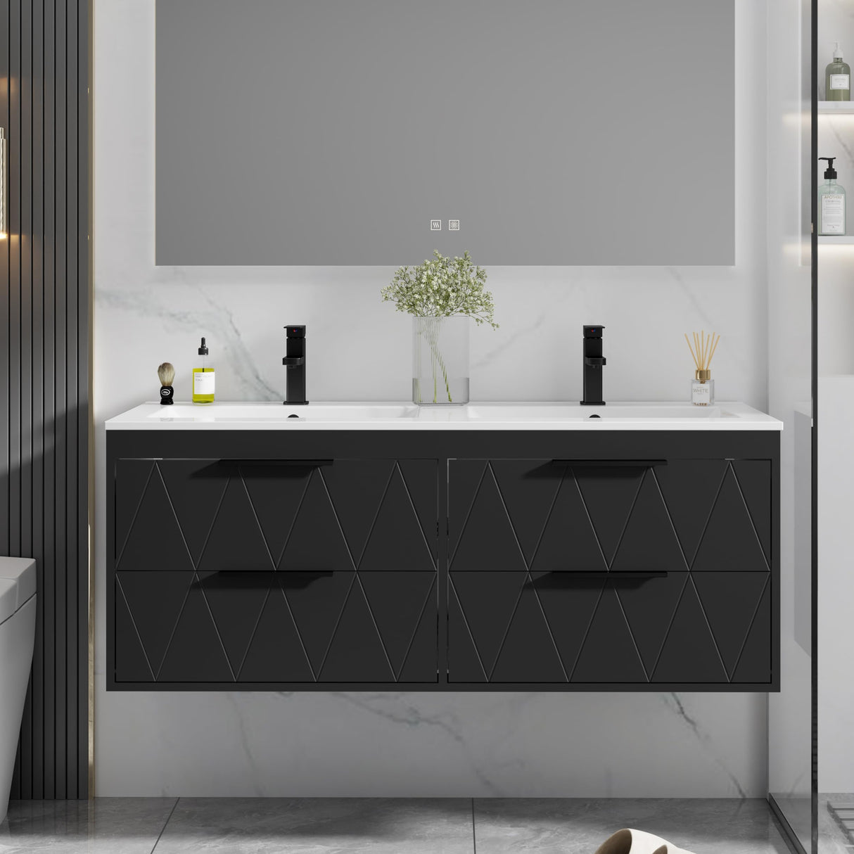 eclife 48" Bathroom Vanities Cabinet with Sink Combo, Wall Mounted Floating Cabinet W/Decor Line, Soft-Close System, 4 Extra Big Drawers, Matte Black Faucet, Black eclife
