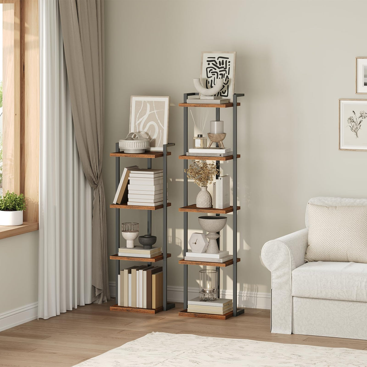 MAHANCRIS Bookshelf, 5-Tier Bookcase, Vertical Tall Narrow Book Shelf for Small Space, Open Storage Display Shelf with Stable Base & Anti-Tip Kits, for Living Room, Study, Rustic Brown BKHR11501 MAHANCRIS