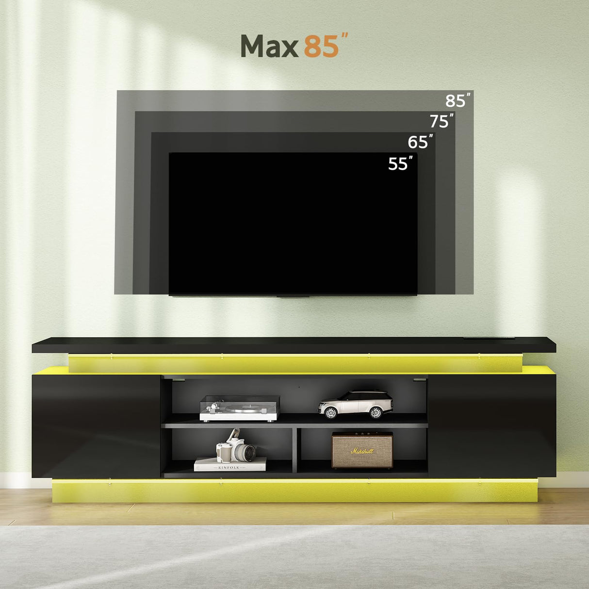 Lamtor 70 Inch TV-Stand - Television Stands for 75 80 85 Inch TV - 2 Tier Entertainment Center with 4 AC Outlets & 2 Smart RGB LED Light Strips - Media Console Table for Living Room, Pure Black Lamtor