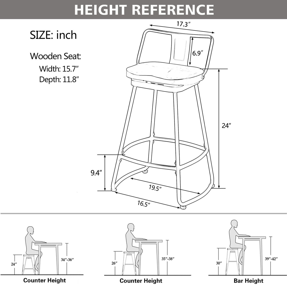 Yongqiang 24" Swivel Metal Bar Stools with Backs - Set of 2 Industrial Kitchen Chairs with Wooden Seats in Matte Black Yongqiang