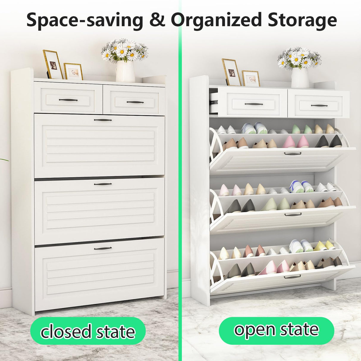 ODUWA Shoe Storage Cabinet with 3 Flip Drawers and 2 Storage Drawers,Easy to Store 18-25 Pairs of Shoes,White Wood Shoe Storage Cabinet for Entryway,Hallway,PVC Door with Shape ODUWA