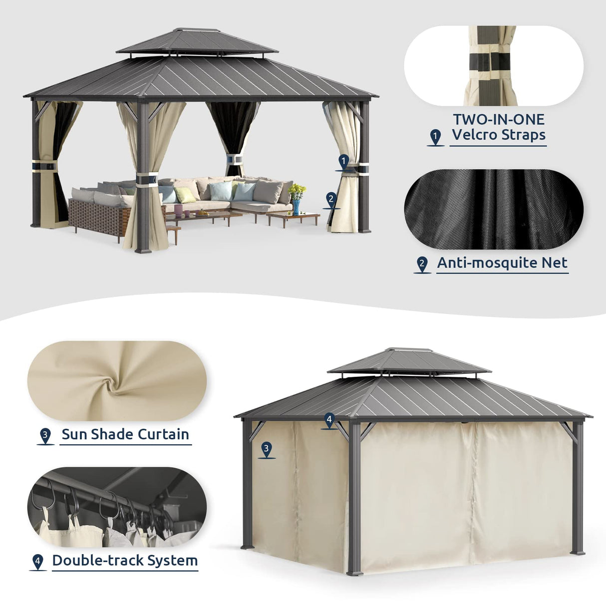 UDPATIO 12' x 14' Hardtop Gazebo, Outdoor Aluminum Gazebo with Galvanized Steel Double Roof, Permanent Metal Canopy with Netting and Curtains for Patio, Garden, Lawn, Backyard, Deck, Beige UDPATIO