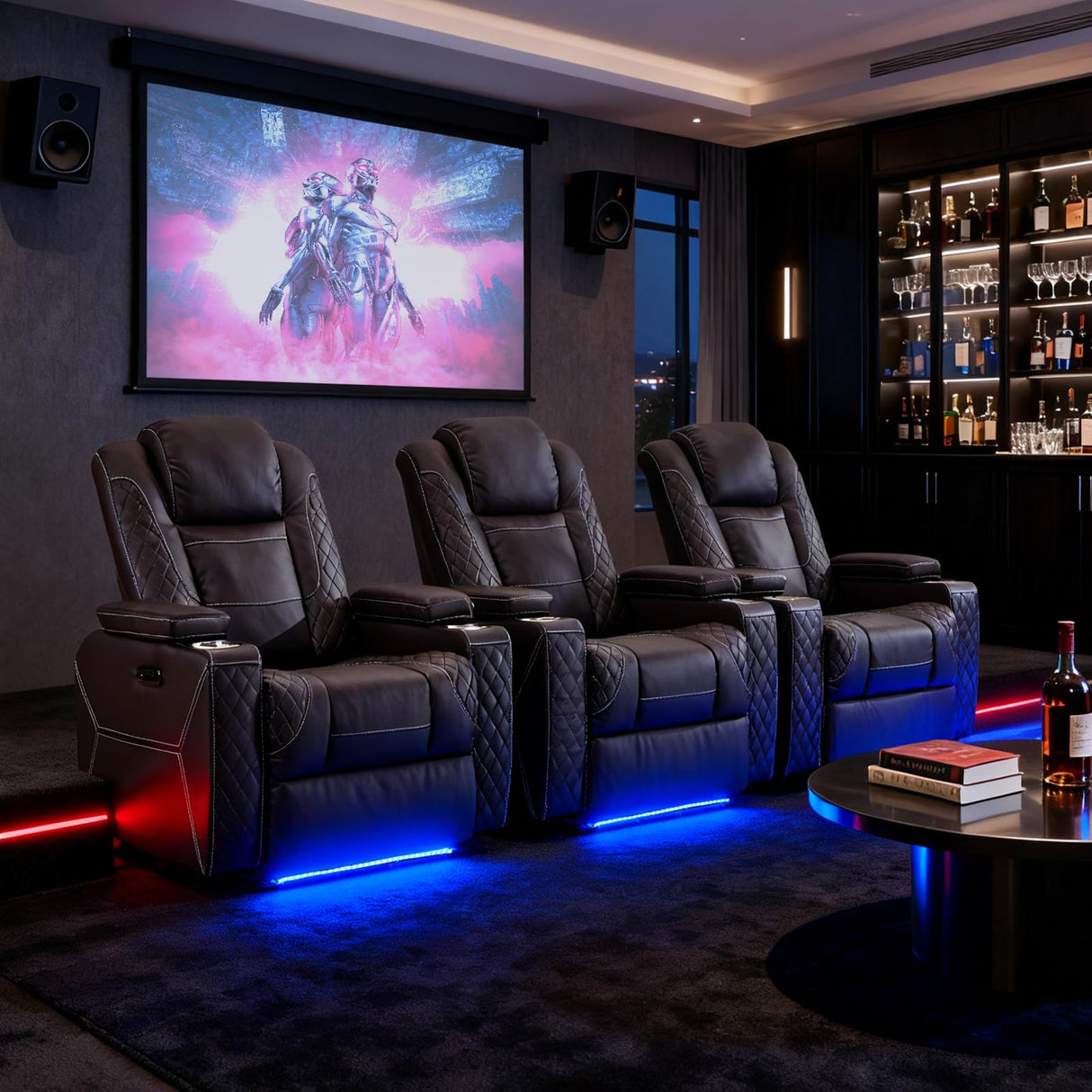 IPKIG Homer Theater Seating Recliner, Power Recliner Chair with Adjustable Powered Headrest, 4 Colors Ambient Lightings, Hidden Arm Storage, USB Port, Side Pockets and Cup Holders (1, Brown) IPKIG