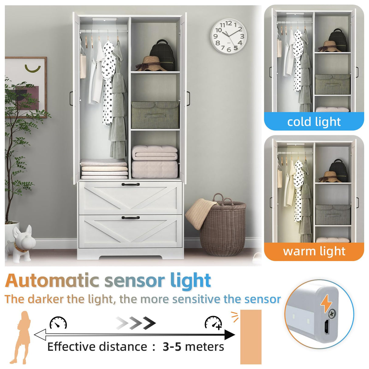 Armoire Wardrobe Closet, 72'' Wardrobe Cabinet with 2 Drawers & Mirror, 2 Doors Bedroom Clothes Closet with Hanging Rod & Built-in Light, Wooden Wardrobe Cabinet with Adjustable Shelf for Bedroom Rumiiro