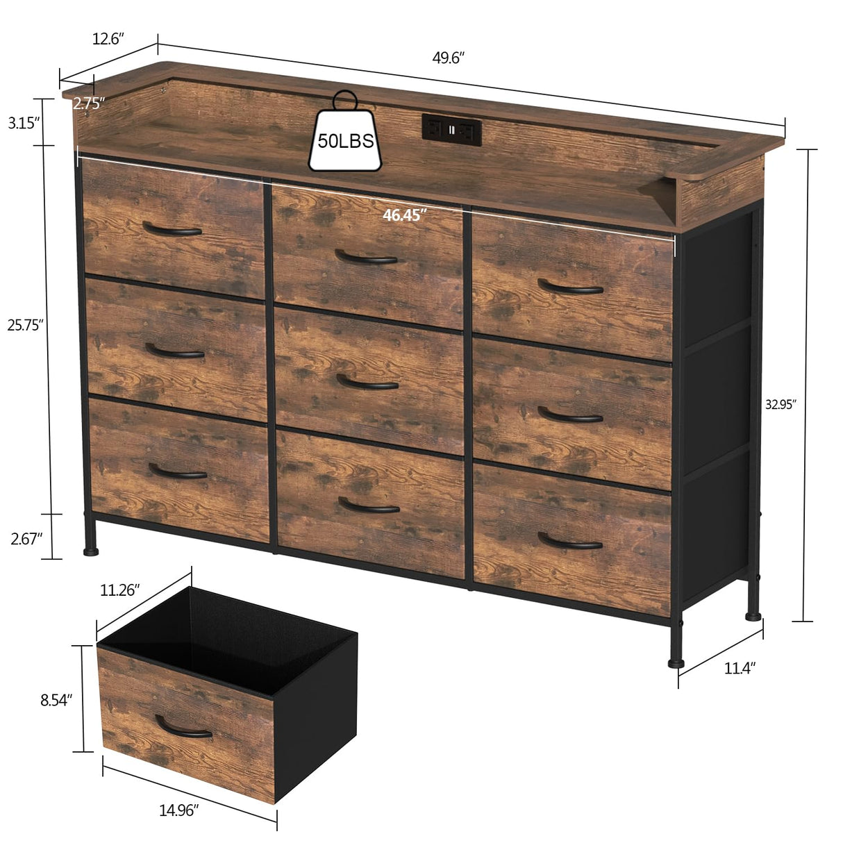 EXOTICA Industrial Dresser for Bedroom with Charging Station and LED Light Fabric Storage Dresser with 9 Fabric Drawers Chest of Drawers for Closet Hallway Sturdy Steel Frame Wooden Top EXOTICA