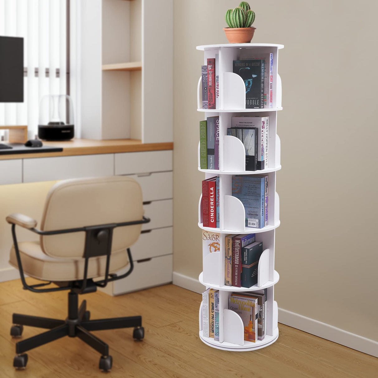 ZAWAYINE 5-Tier 360° Rotating White Bookshelf for Stylish Storage and Display ZAWAYINE