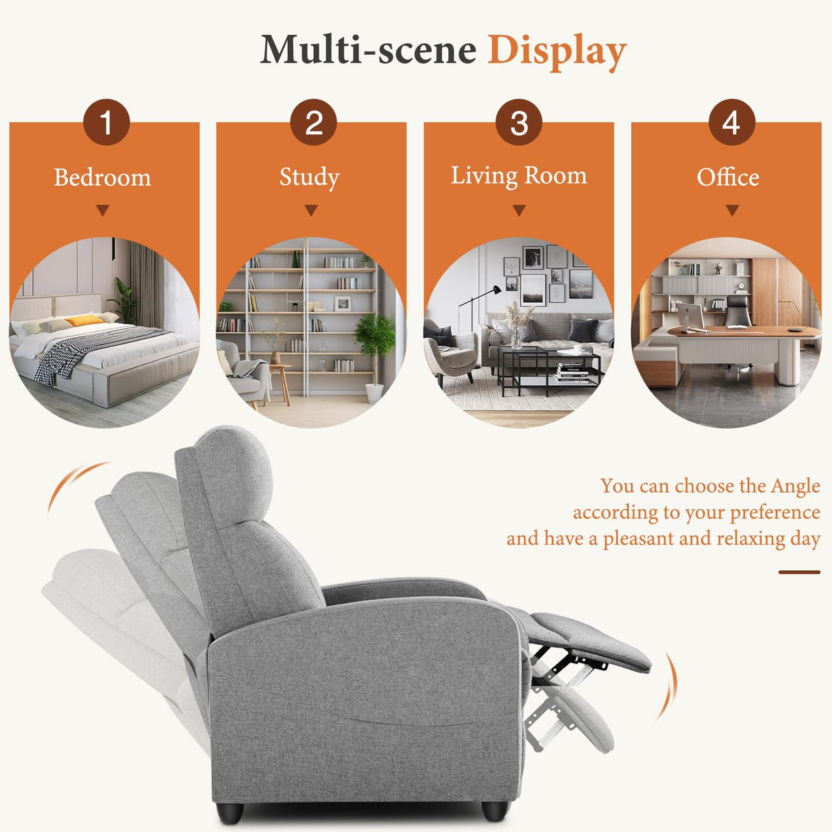 Sweetcrispy Recliner Chair Fabric Recliner Sofa No Massage, Home Theater Seating with Lumbar Support, Adjustable Push Back Overstuffed High-Density Sponge Reclining for Living Room, Slate Gray Sweetcrispy