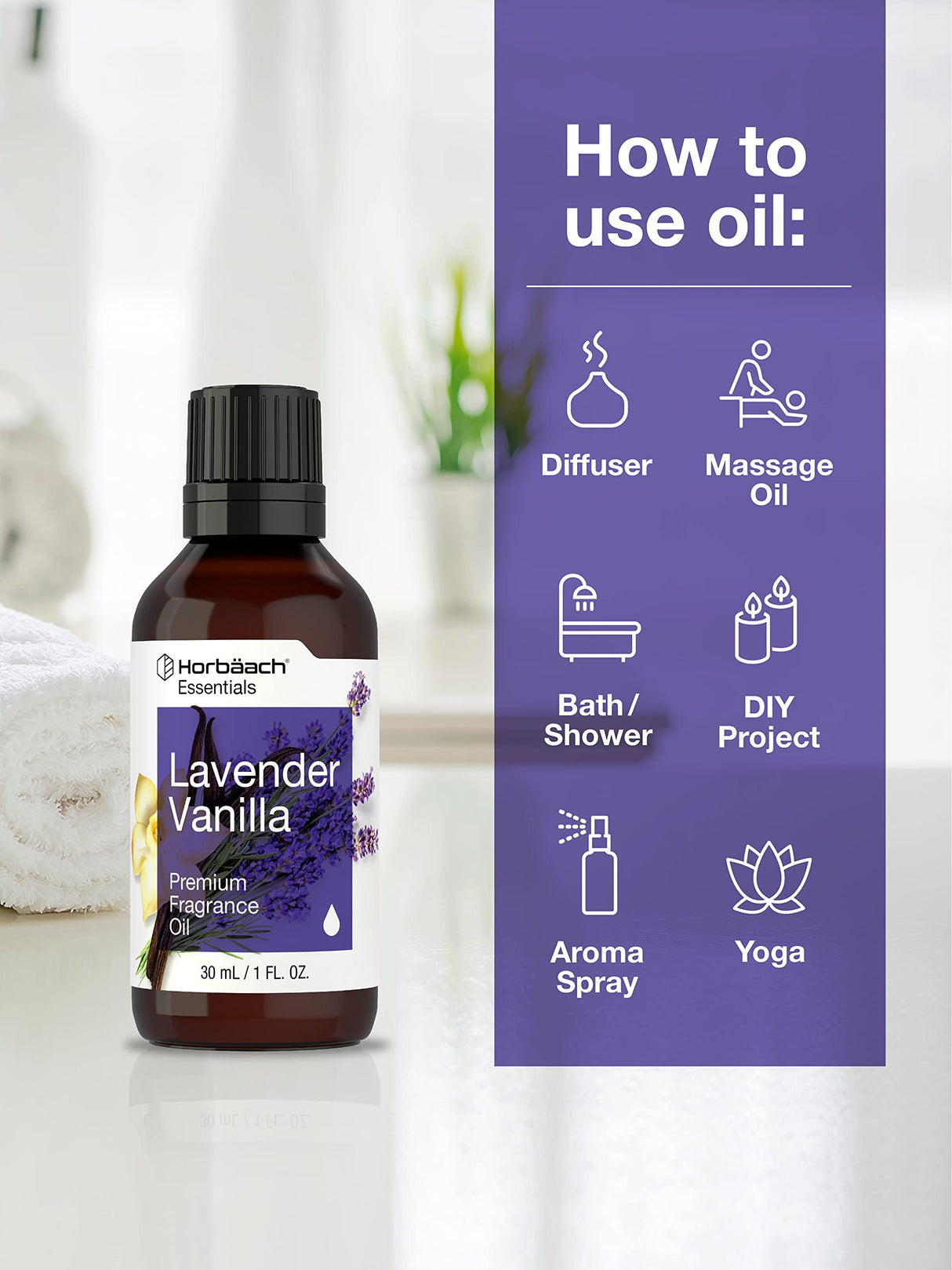 Horbäach Lavender Vanilla Fragrance Oil | 1 fl oz (30ml) | Premium Grade | for Diffusers, Candle and Soap Making, DIY Projects & More Horbäach