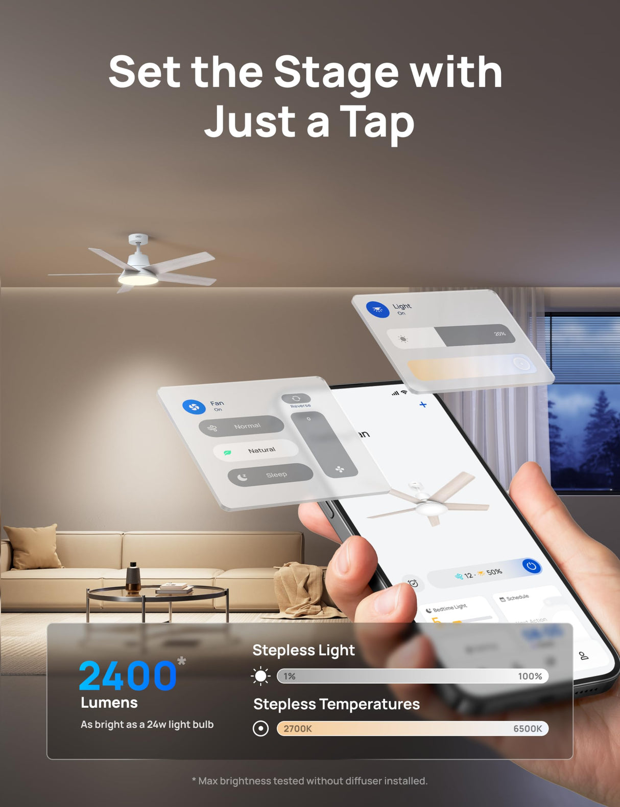 Dreo Smart Ceiling Fan with Lights, 52 Inch, 12 Speeds & 3 Fan Modes, Stepless Color Tones, Dimmable LED Light, 12H Timer, Quiet DC Motor, Remote/APP/Alexa Control, White Ceiling Fans Indoor Dreo