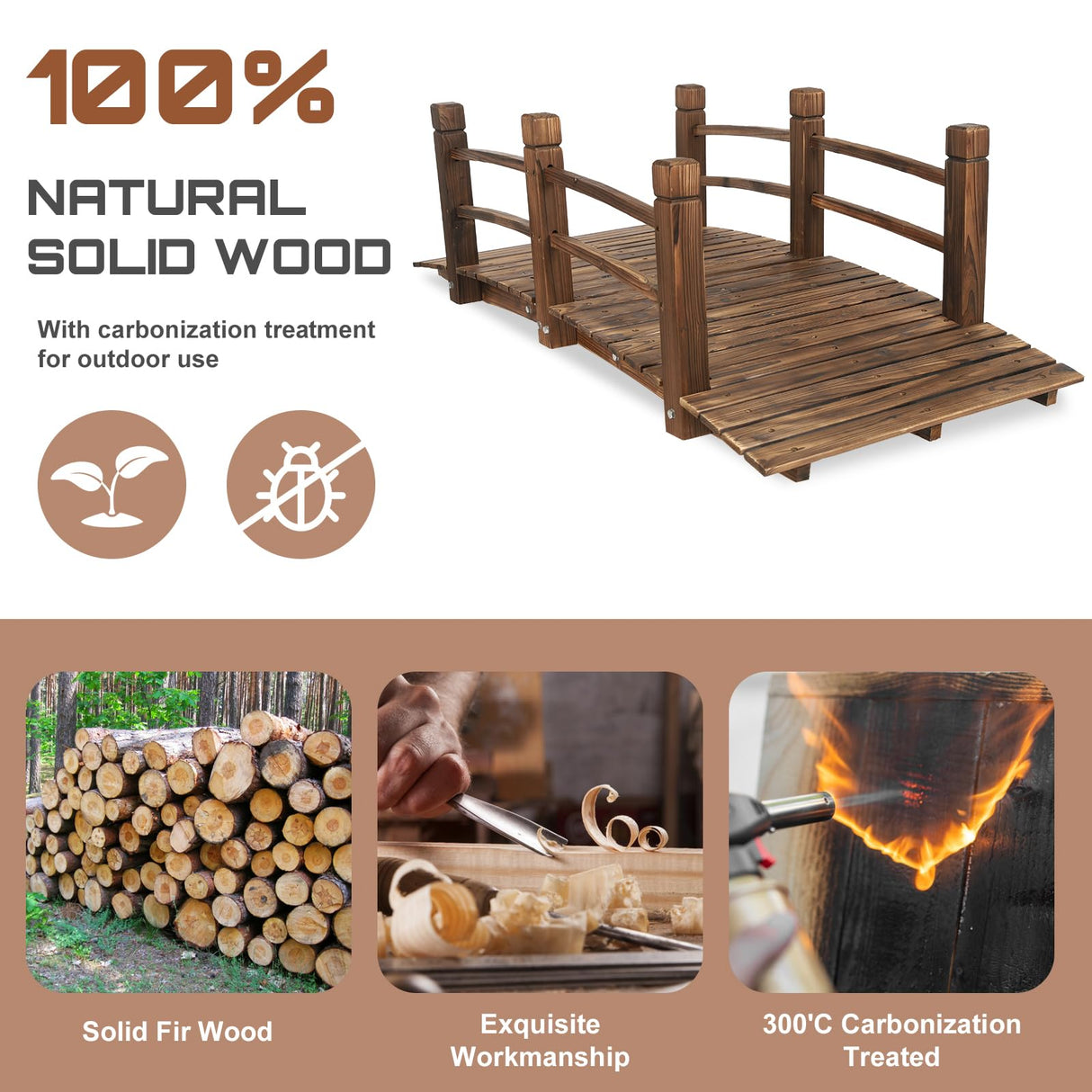 HOMEDIARY Fir Wood Garden Bridge, Outdoor Stained Finish Arc Footbridge Walkway with Double Safety Railings, Decorative Pond Bridge Landscaping for Backyard Farm Garden Creek Pond Decor, Carbonized HOMEDIARY