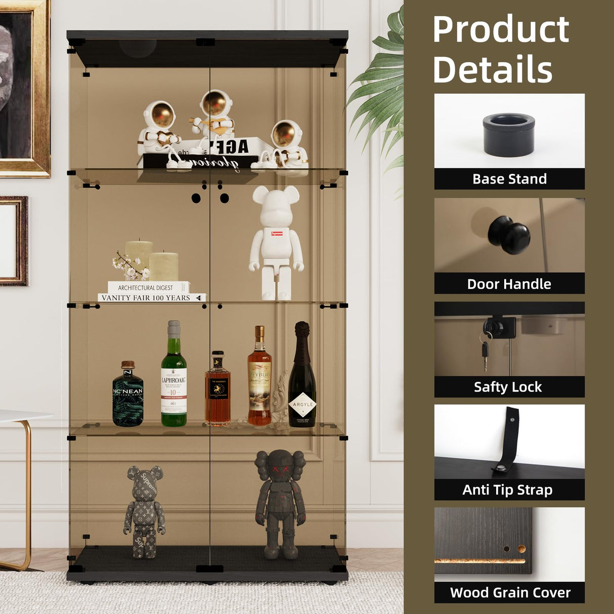 Beauty4U Glass Display Cabinet with 4 Shelves, 2 Doors Curio Cabinets for Living Room, Bedroom, Office, 5mm Brown Tempered Glass Floor Standing Bookshelf, Quick Installation Beauty4U