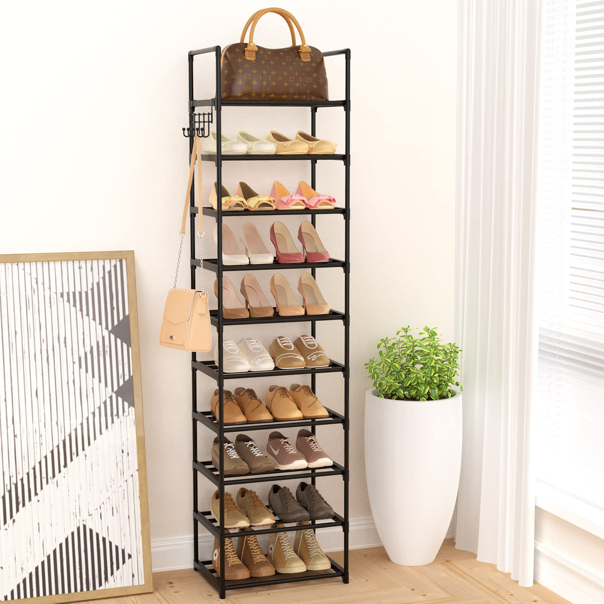 WEXCISE Narrow Shoe Rack 10 Tiers Tall Shoe Rack for Entryway 20 24 Pairs Shoe & Boots Organizer Storage Shelf Durable Black Metal Stackable Shoe Cabinet with Hooks, 17.1D x 11.8W x 78.7H in WEXCISE
