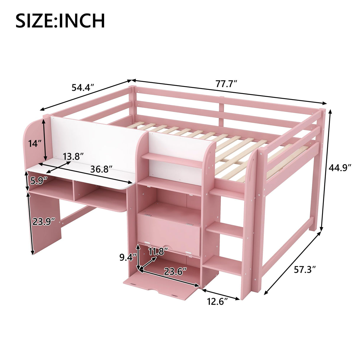 LUMISOL Pink Low Loft Bed with Desk, Storage Shelves and Open Bookcase, Whiteboard, Full Size Loft Bed Frame for Teens Boys Girls, Pink LUMISOL