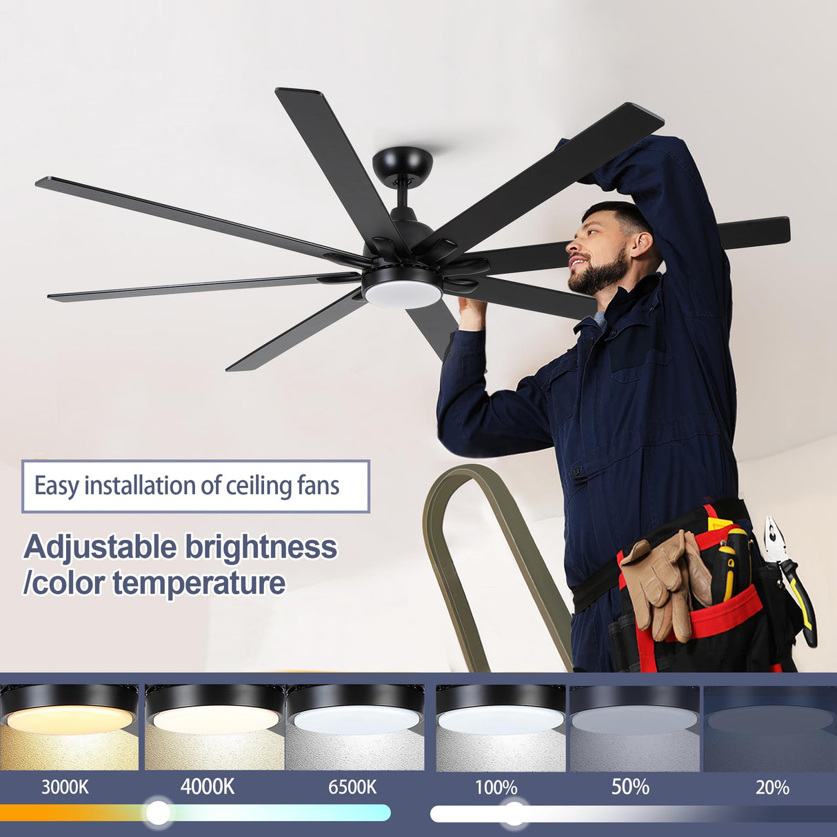 Sevenine 72 Inch Ceiling Fan With Lights and Remote,8 Black Wood Blades,Large Ceiling Fan with 6 Speed Reverse DC Motor,3 Color Dimmable LED, Downrod For Indoor Great Rooms Living Room Patio Farmhouse Sevenine
