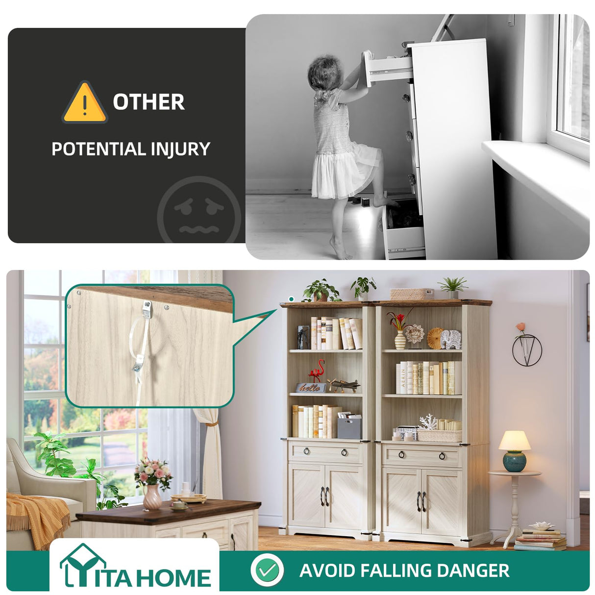 YITAHOME Farmhouse Bookcase with Doors and Drawers, 70" Tall Bookshelf with Storage Shelves, Standing Display Shelf Organizer Rack for Home Office, Living Room, White+Walnut YITAHOME