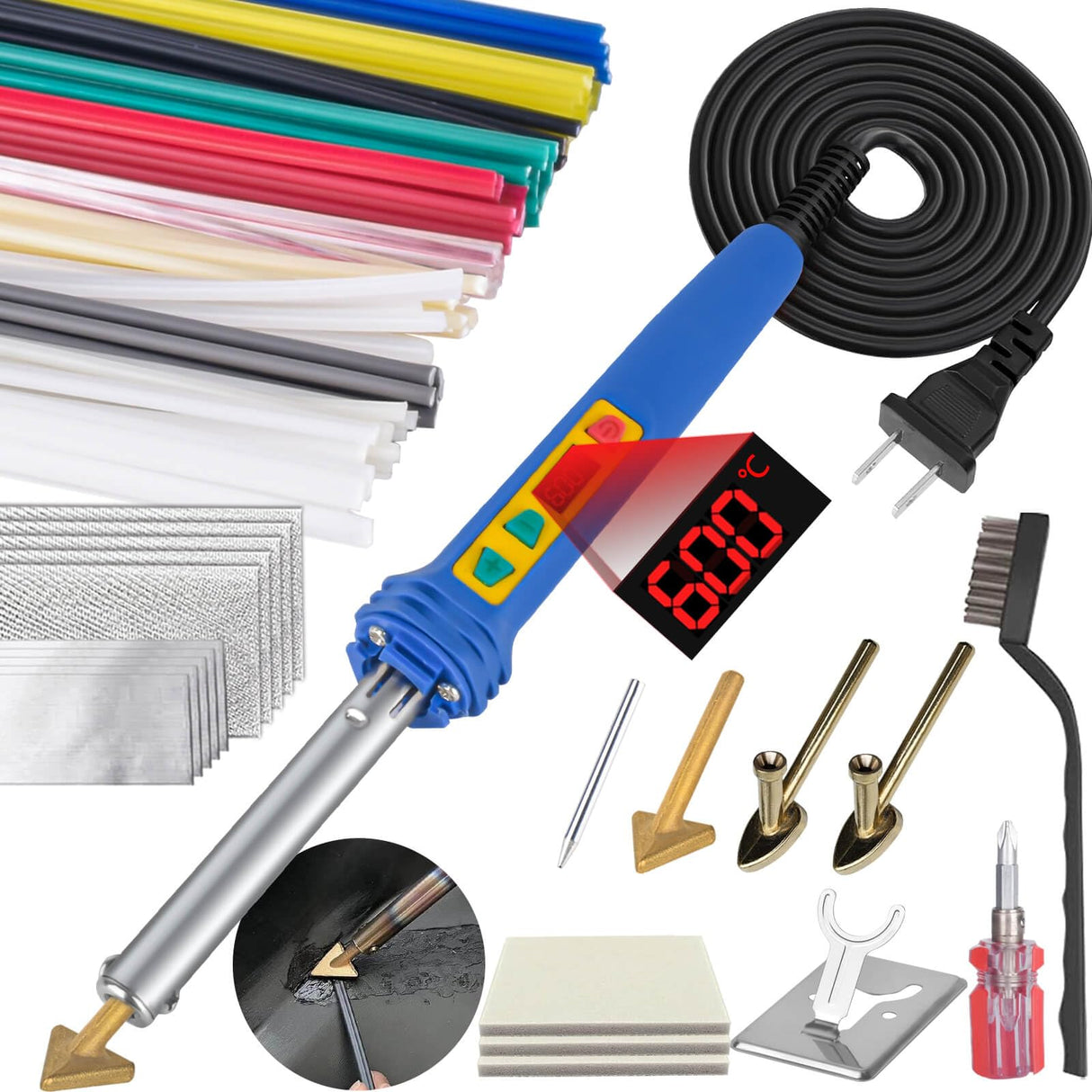 GNI Upgraded 150W LED Digital Adjustable Temperature Plastic Welder, 106PCS Welding Rods Plastic Repair Kit, 5 Tips 3 IN 1 Plastic Welder Soldering Iron Kit, Plastic Welding Kit for DIY Bumper Kayaks GNI