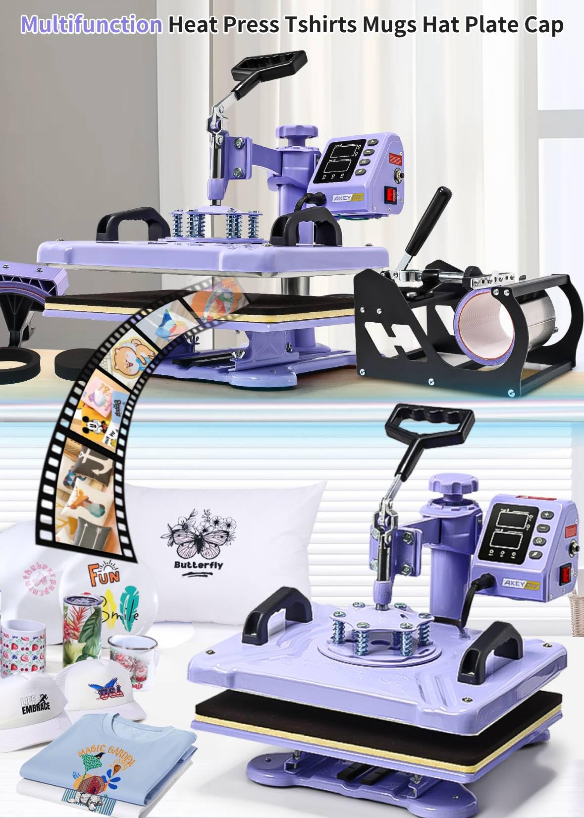 AKEYDIY Heat Press 5 in 1 Heat Press Machine 12x15 inch Swing Away T Shirt Pressing Machine with Digital Control, Multifunction Heat Press Transfer Sublimation Combo for T Shirts Mugs Hat Plate Cap AKEYDIY