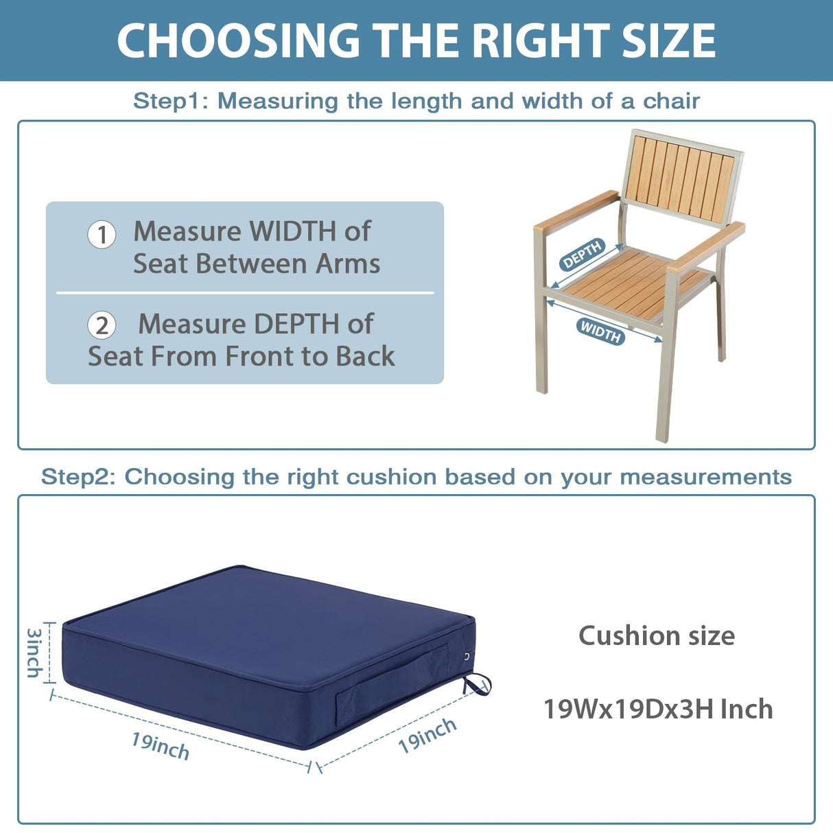 WEOAVRY Outdoor Chair Cushions Set of 2, Waterproof Patio Chair Cushions, Patio Furniture Cushions with Ties, Outdoor Wicker Replacement Seat Cushions, 19 x 19 x 3 inch, Blue WEOAVRY