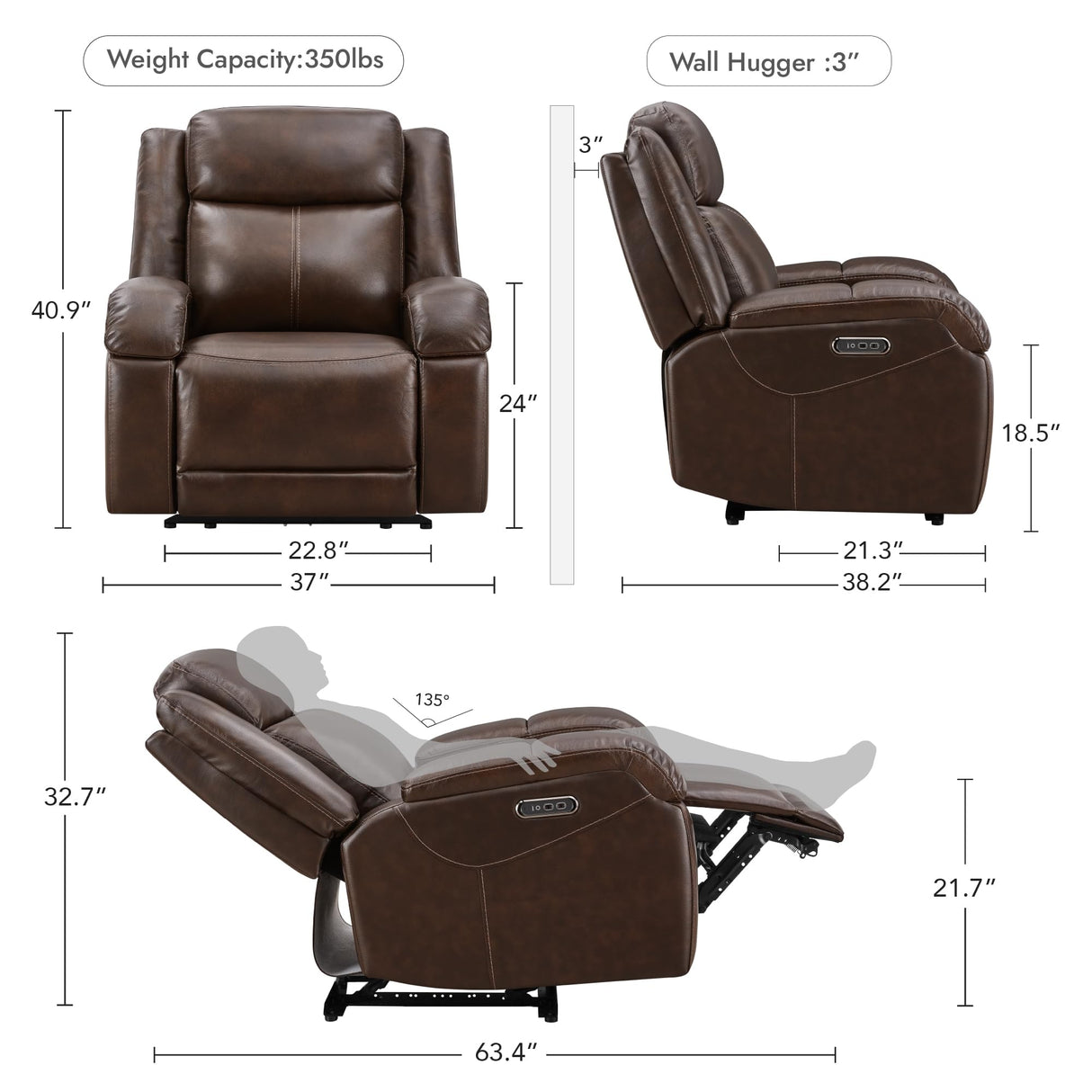 Watson & Whitely Genuine Leather Power Recliner Chairs for Adults, Wall Hugger RV Recliner with Power Headrest & Charging Ports, Electric Recliner Sofa Chair for Living Room, Dark Brown Watson & Whitely
