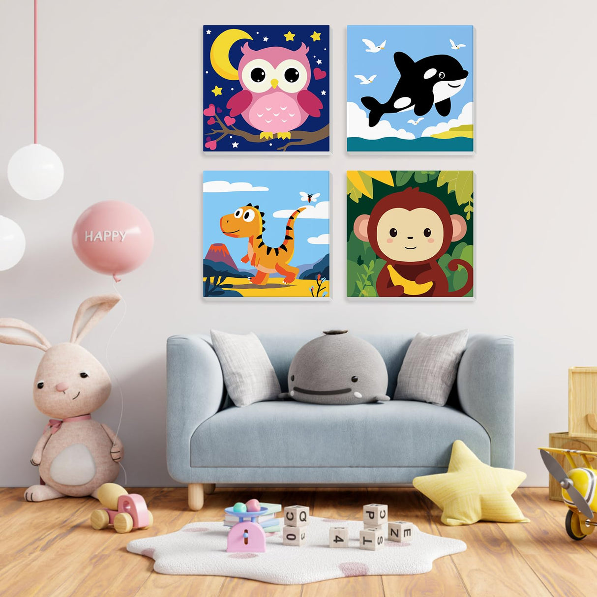 4 Pack Paint by Number for Kids with Wooden Frame, Cartoon Owl, Whale Paint by Numbers for Kids Ages 8-12, Baby Dinosaur, Monkey, DIY Acrylic Oil Painting for Beginners for Home Wall Decor 8X8 inch NEWENMO