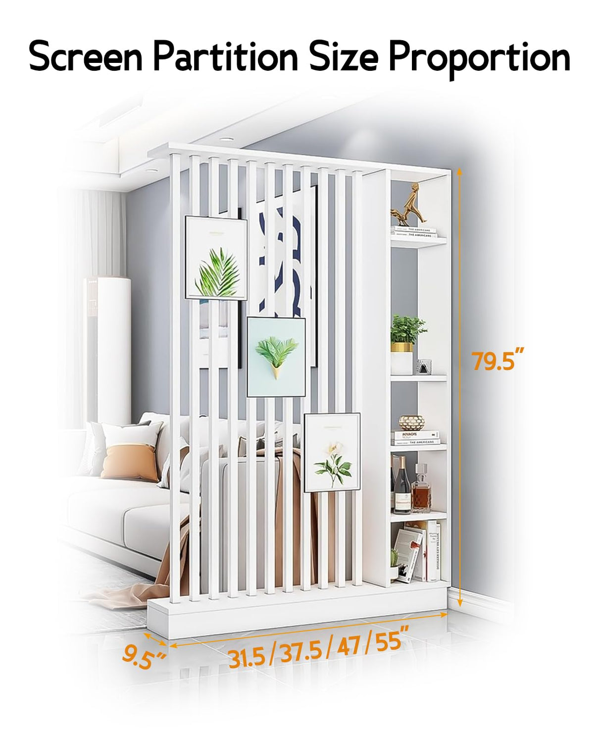 Wall Room Divider, Storage Cabinet Storage Display with Shelves, Modern Freestanding Wood Room Divider Screen, Wall Privacy Screens for Home Office Decorative (White,31.5" L x 9.5" W x 79.5" H) Kavie