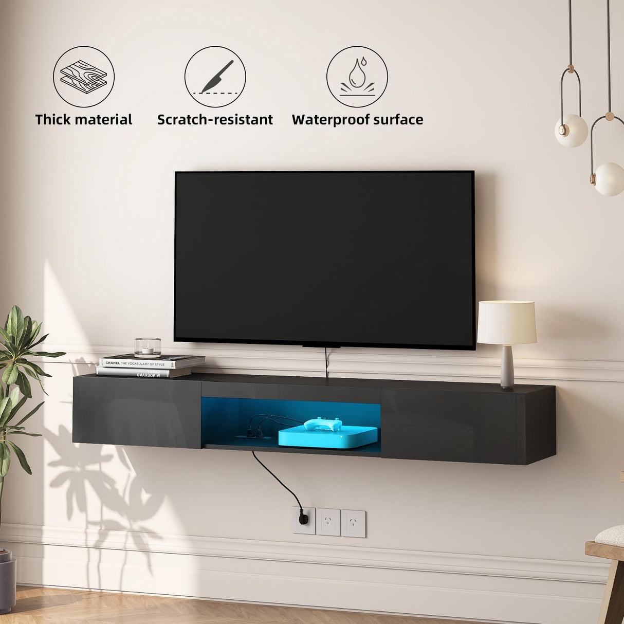 Floating TV Stand Shelf for TVs up to 80 Inch, Floating TV Cabinet with LED Light, Modern Wall Mounted Media Console Shelf with Power Outlets, Entertainment Center for Under TV Storage, Black Msutree