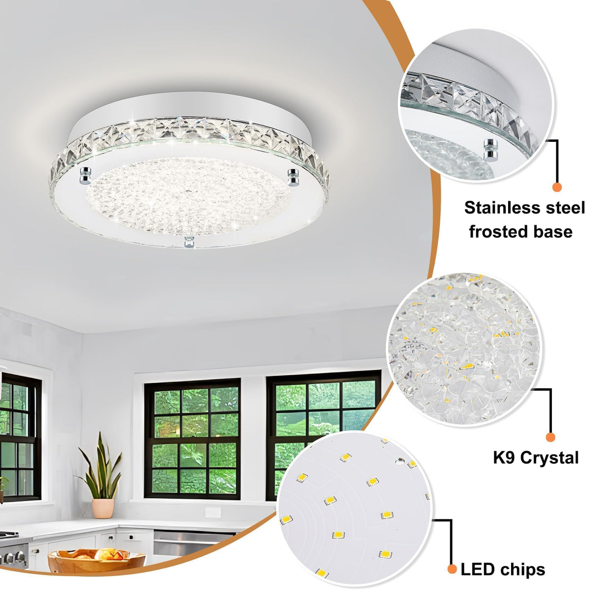 Lzawvm Crystal Ceiling Light Fixture, Flush Mount Bedroom Bathroom Hallway Light, 4000K LED Dimmable, 18W Lzawvm