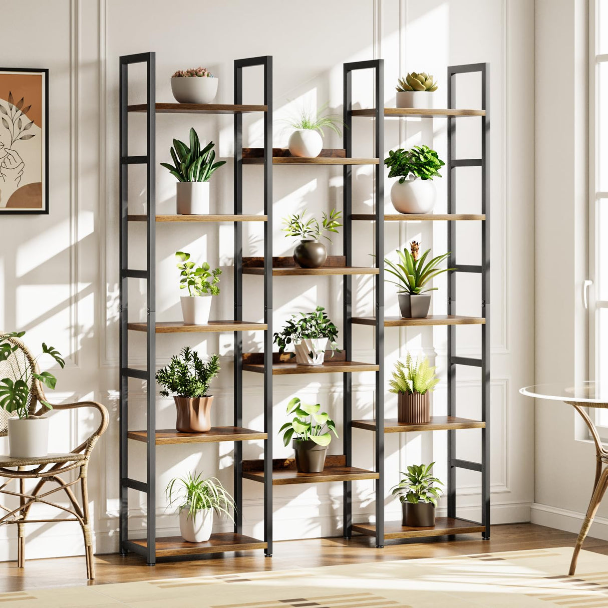 OTK Triple Column 5 Tier Bookshelf, Large Bookcase with 14 Open Display Shelves, Adjustable Industrial Book Shelf with Baffles, Wide Bookshelves for Bedroom, Living Room and Home Office, Rustic Brown OTK