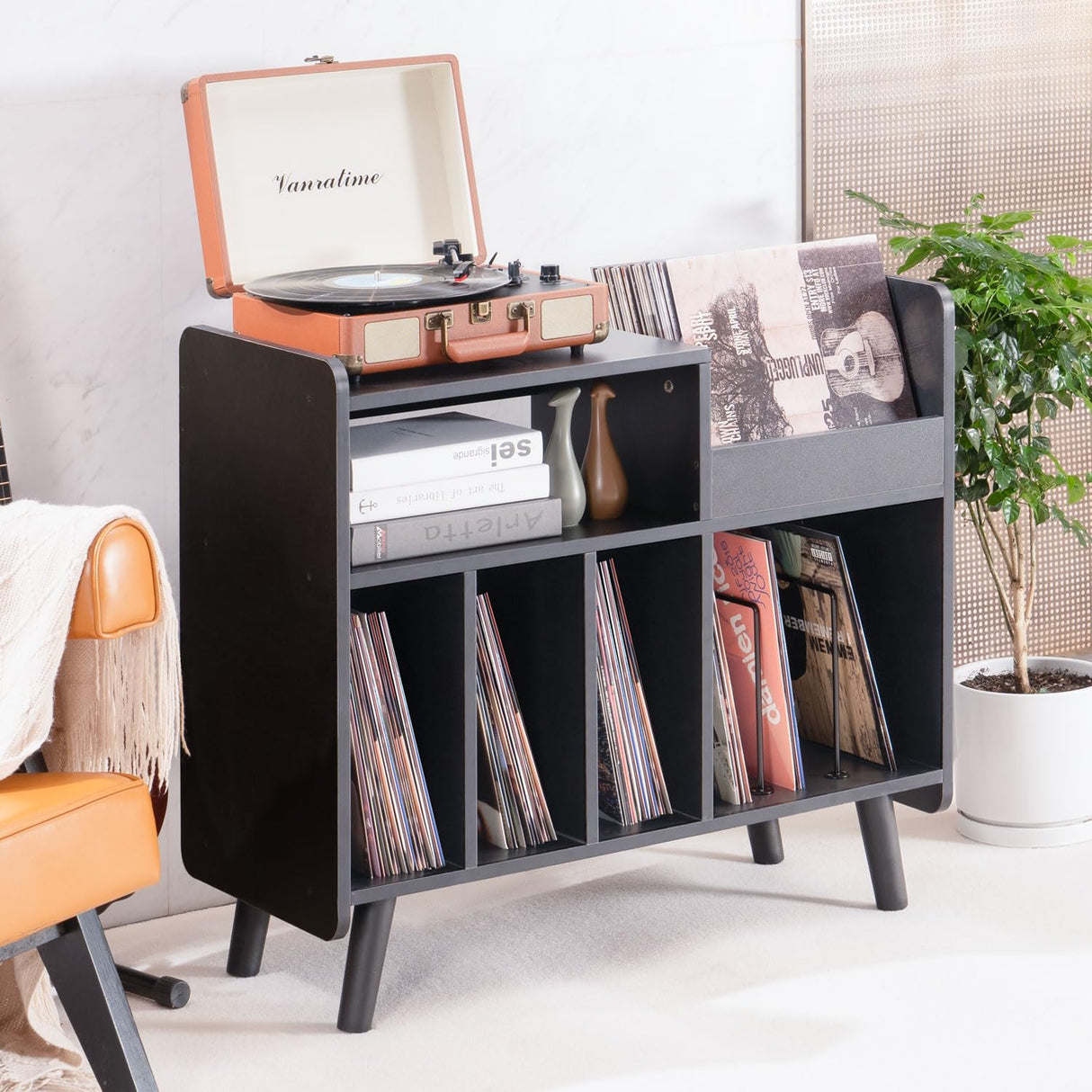 UODERS Record Player Stand, Large Record Player Table Cabinet with Open Vinyl Storage and Display Shelf Holds up to 350 Albums, Mid Century Wood Turntable for Living Room, Bedroom UODERS