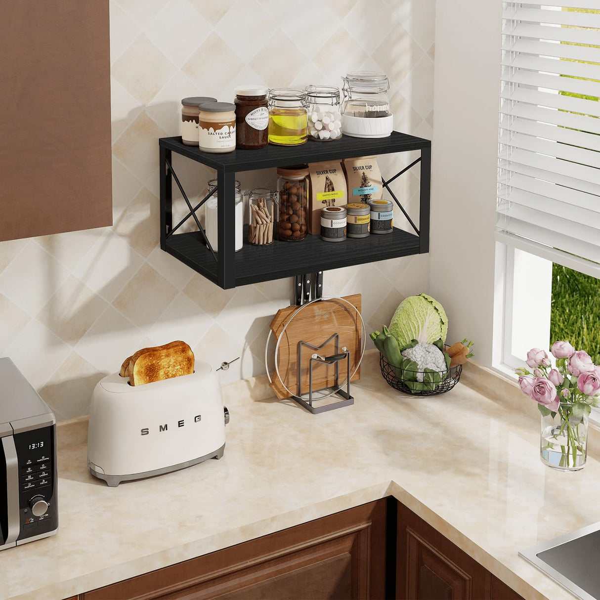 Homode Floating Nightstand, 2 Tier Wall Mounted Nightstand with Cable Hole, Wooden Floating Bedside Table, Bedside Wall Shelf for Bedroom Bathroom Living Room Kitchen Office, Black Homode