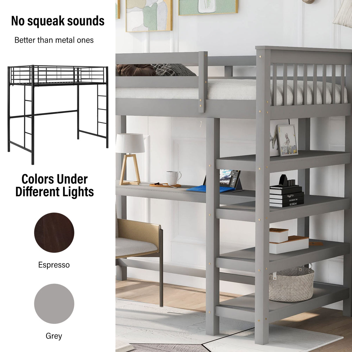Merax Grey Twin Loft Bed with Under-Bed Desk and 4 Storage Shelves Merax