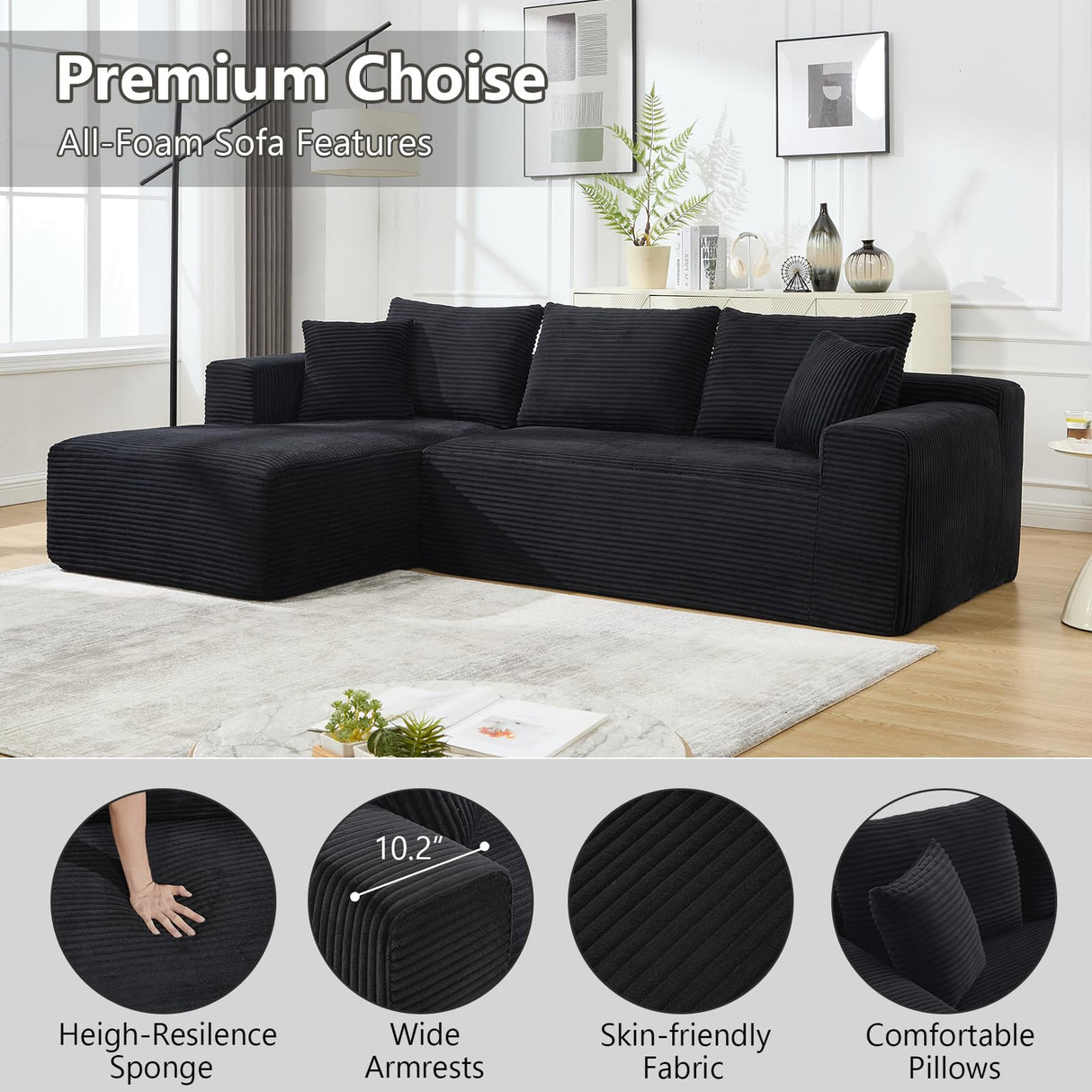 PELUMY 108.7" L-Shaped Modular Sectional Sofa with Oversized Chaise, Cloud Couch with Memory Foam, No Assembly Required Sleeper Sofa for Small Space Living Room, Apartment (Black, Corduroy) PELUMY