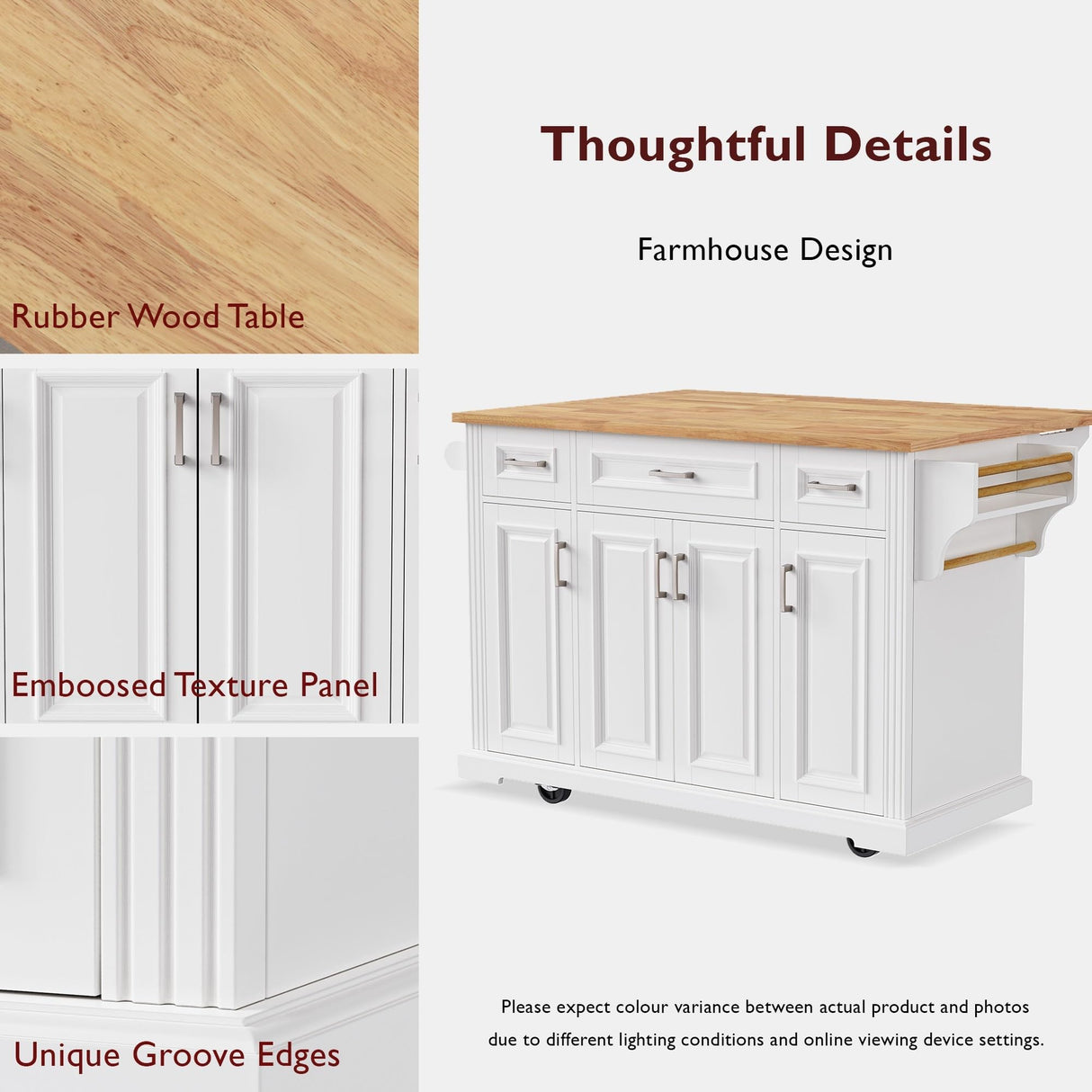 54" Large Kitchen Island with Rubber Wood Drop Leaf, Rolling Kitchen Cart with Ample Storage on 4 Wheels with 4 Doors and 3 Drawers, Moveable Island Table with Embossed Texture for Dining Room MEETFAV