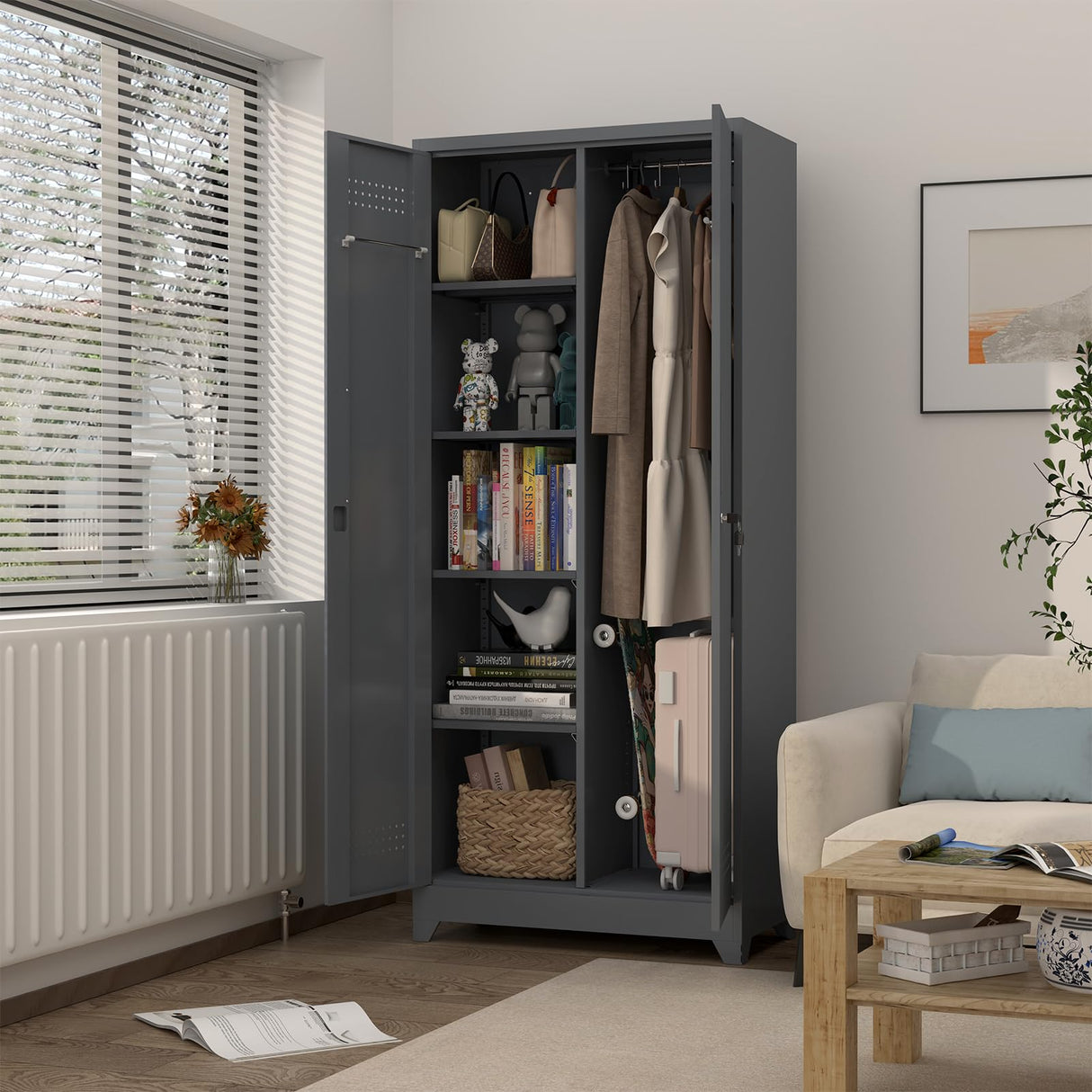 72.8" H Locking Garage Storage Cabinet, Metal Lockable Storage Cabinets with Doors and Shelves, Grey Broom Closet Storage Cabinet, Broom and Mop Utility Cabinet for Home,Kitchen,Garage GREATMEET