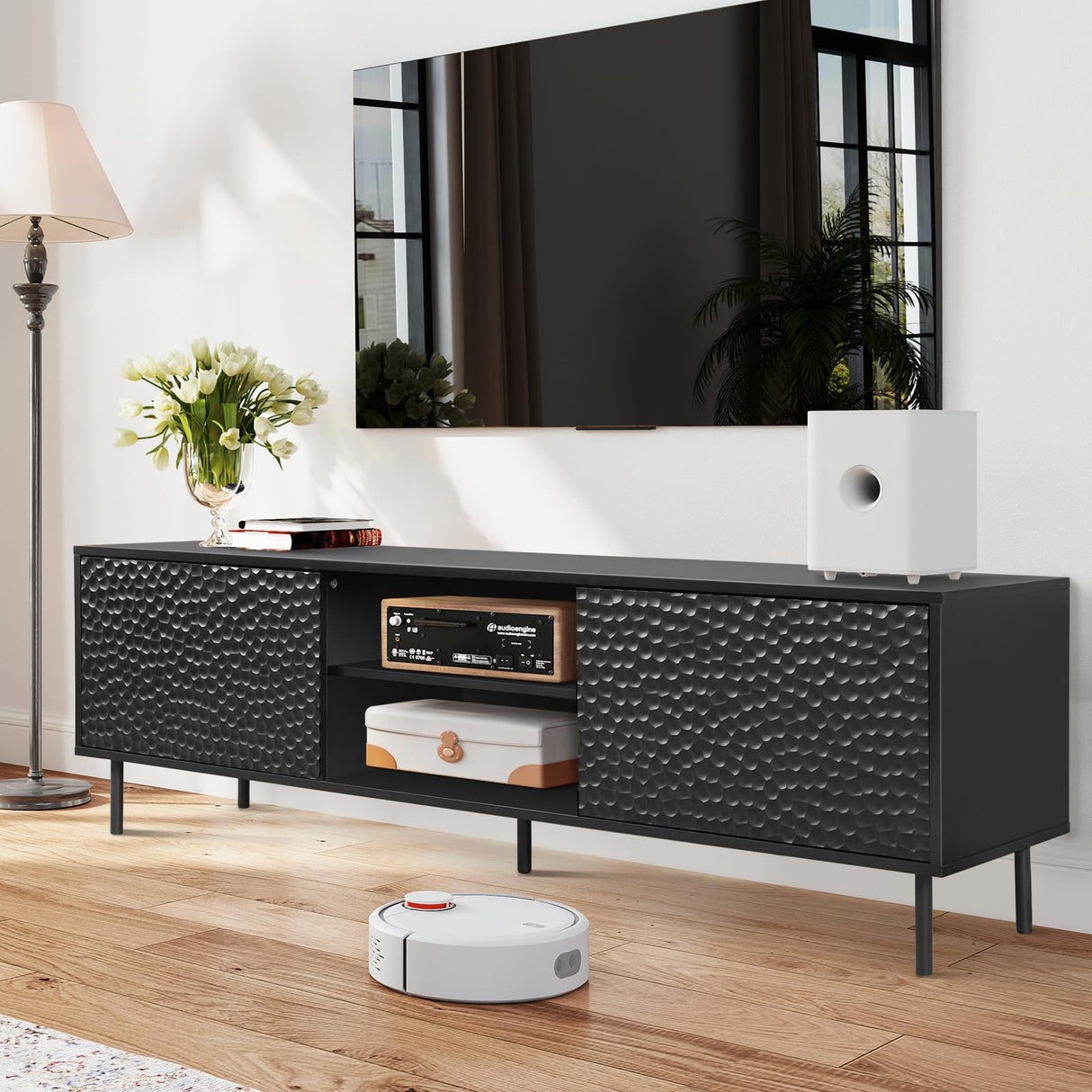 ANJ Modern TV Stand Console with Storage, 63-Inch, Textured Honeycomb Pattern, Black ANJ