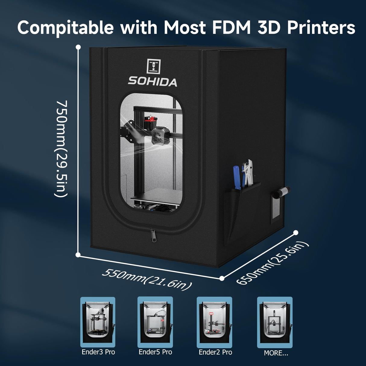 3D Printer Enclosure with Ventilation Kit & LED Strip, 25.59x21.65x29.53 Fireproof & Dustproof Constant Temperature Protective Cover for Ceality Ender 3/Ender 3Pro/Ender SOHIDA