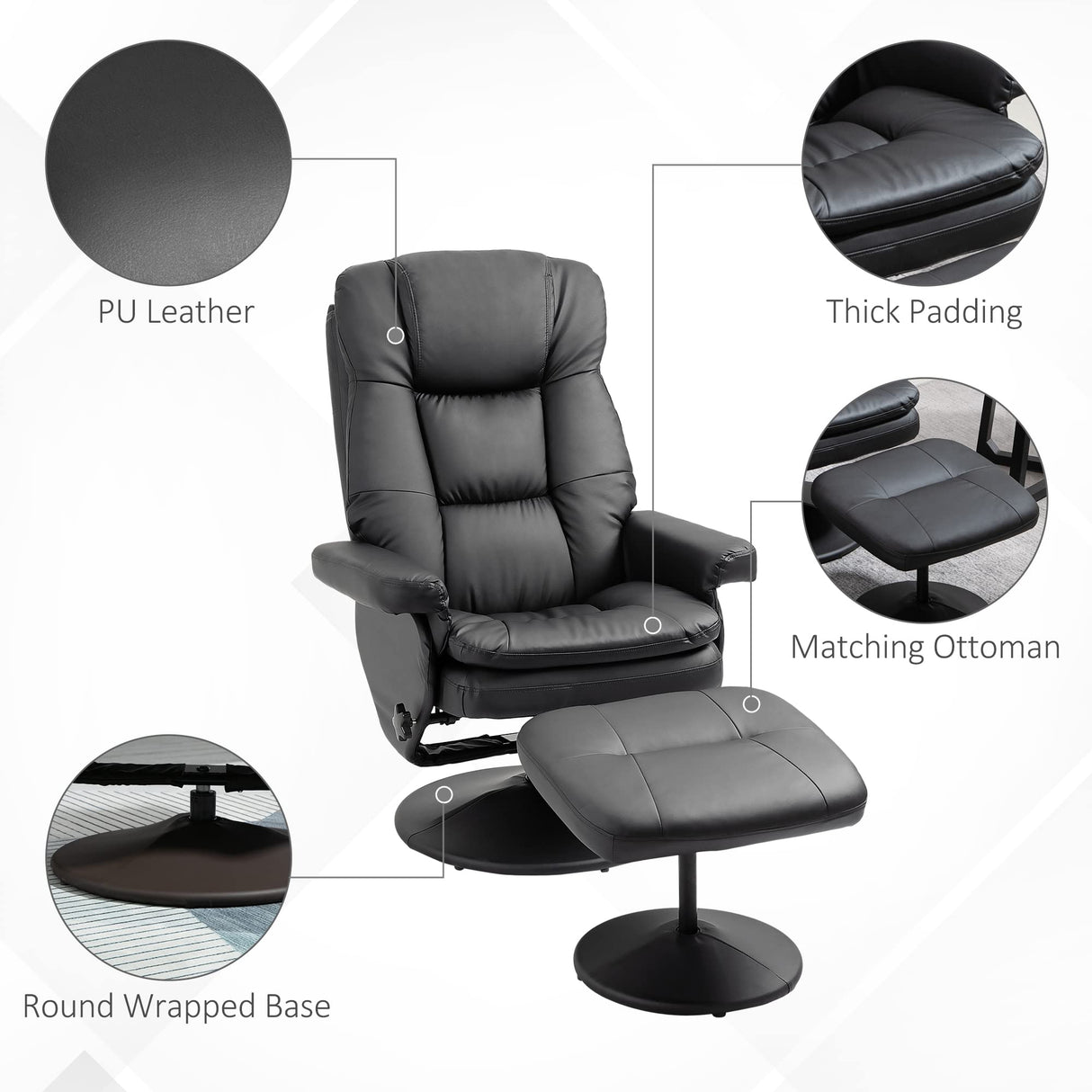 HOMCOM Swivel Recliner with Ottoman, PU Leather Reclining Chair with Ottoman, Upholstered Recliner and Footrest with Wrapped Base for Living Room, Bedroom and Home Office, Black HOMCOM