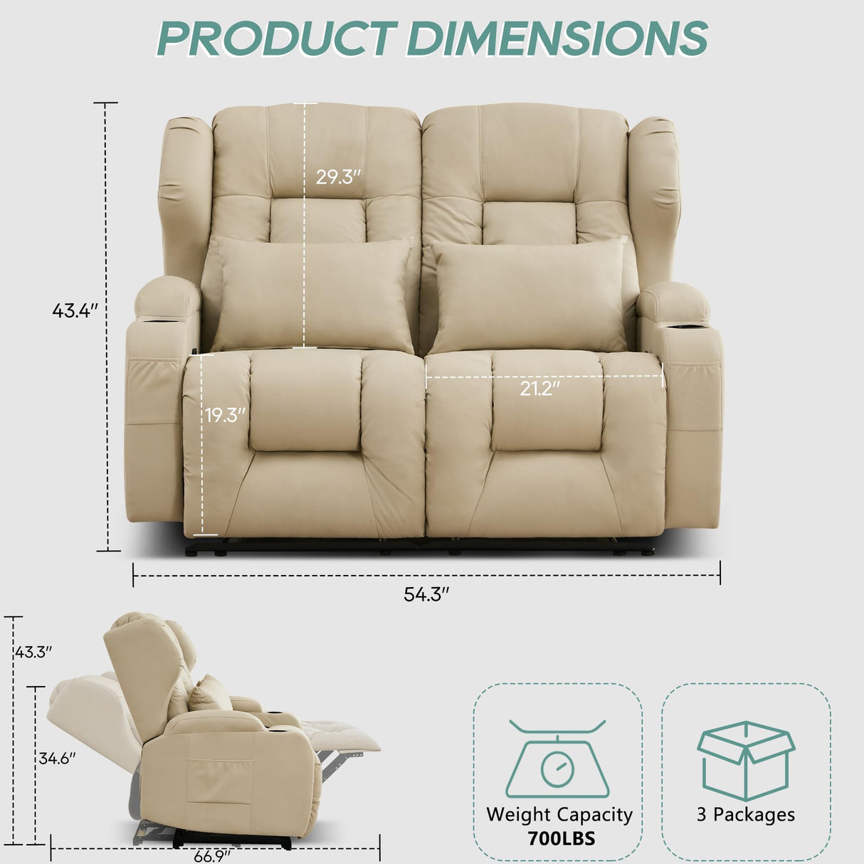 TUNYI 54.3" Loveseat Recliner Sofa - Manual Reclining Loveseat Faux Leather Home Theater Seating with Cup Holder/Pillow for Living Room, Apartment (Beige, Loveseat) TUNYI