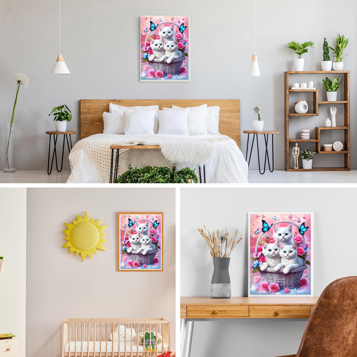 GDYEEH DIY 5D White Kitten Diamond Art Kits, Round Full Drill Butterfly Cat Diamond Painting Picture, Flower Basket Painting by Numbers Art Kits for Adults Beginners Home Wall Decor 12x16 inch GDYEEH