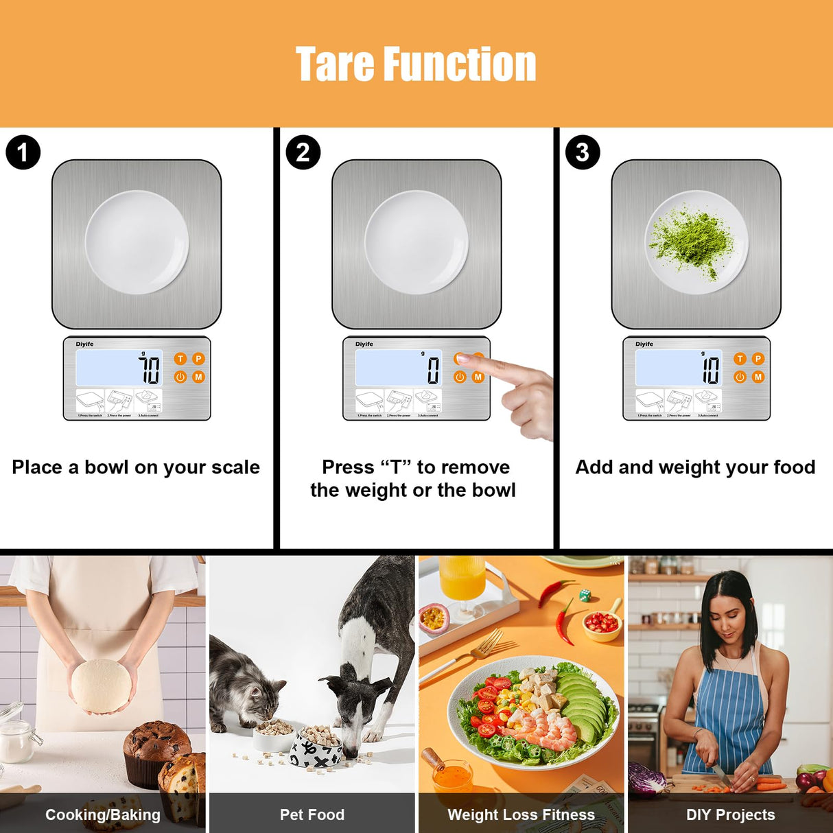 Rechargeable Split Food Scale, Diyife 33lb Digital Kitchen Scales with Split Display, 1g/0.1oz High Accurate, Food-Grade 304 Stainless Steel, 7 Units, Backlit LCD, for Cooking, Baking, Meal Prep Diyife