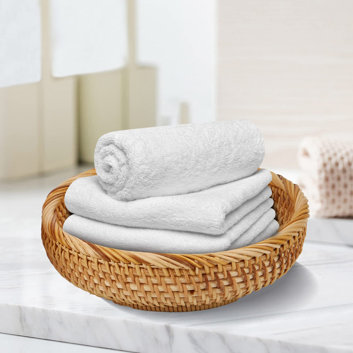 Whalehub Natural Rattan Round Fruit Basket Bowls, Hand Woven Decor Serving Baskets, Wicker Storage for Dinning Room (Round-Small) Whalehub